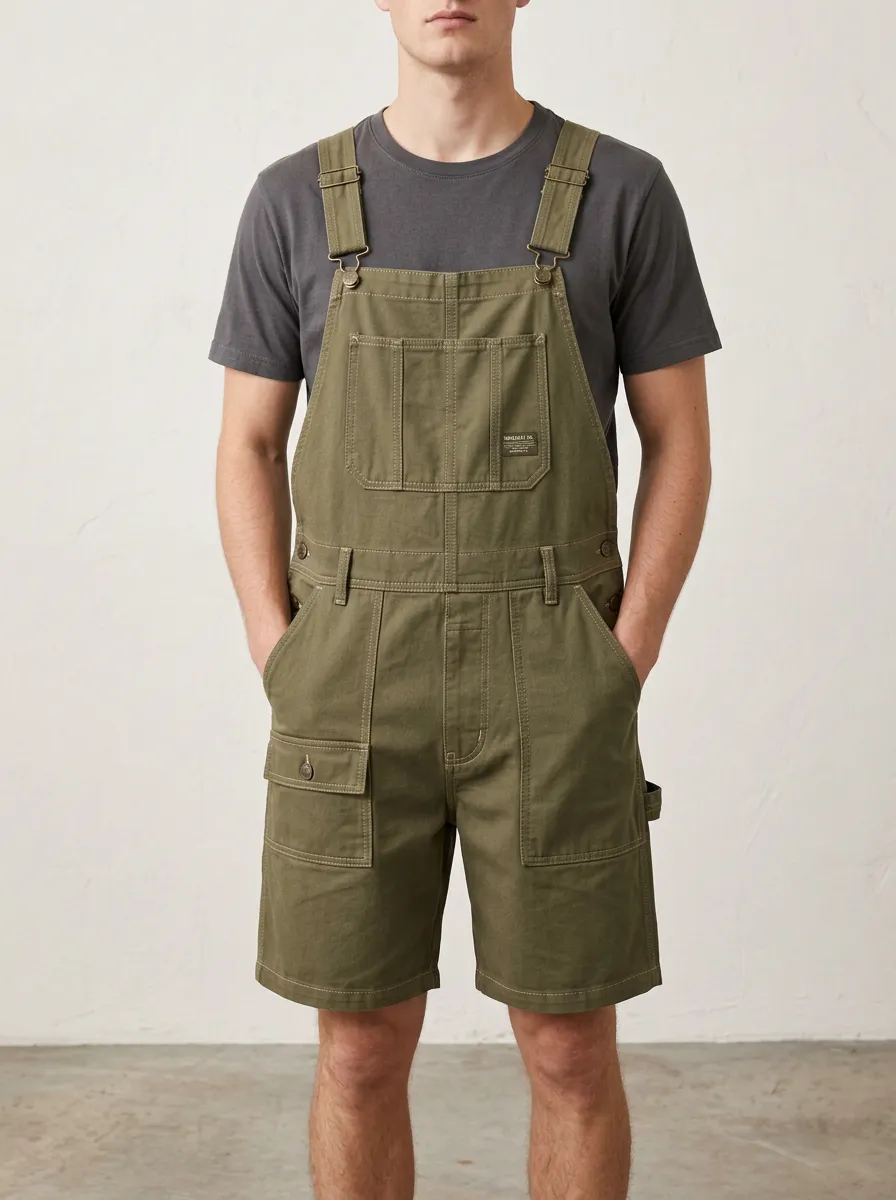 Men's Casual Utility Olive Green Cotton Cargo Overalls Shorts
