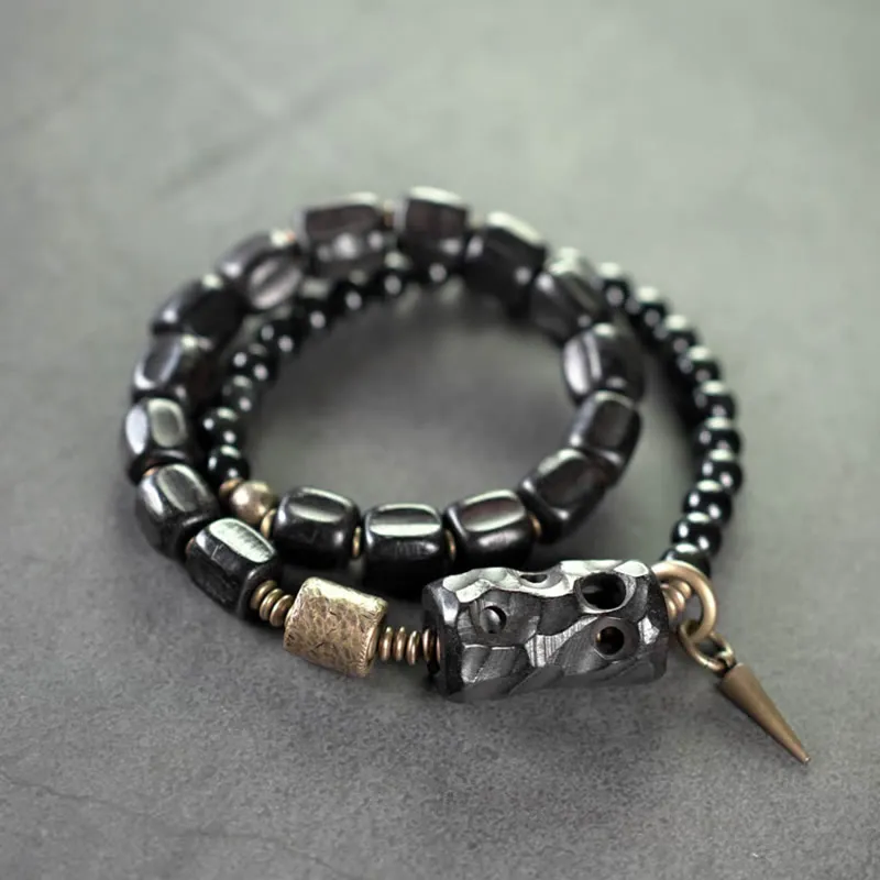 Ebony Wood Obsidian Copper Brass Double Wrap Bracelet