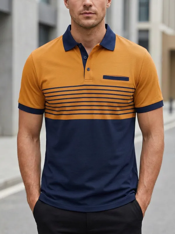 Men's Colorblock Striped Pocket Polo Shirt
