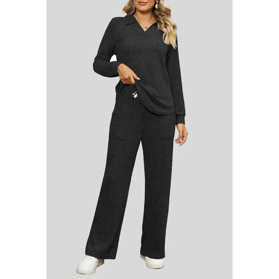 Ribbed Long Sleeve Top and Pocketed Pants Set
