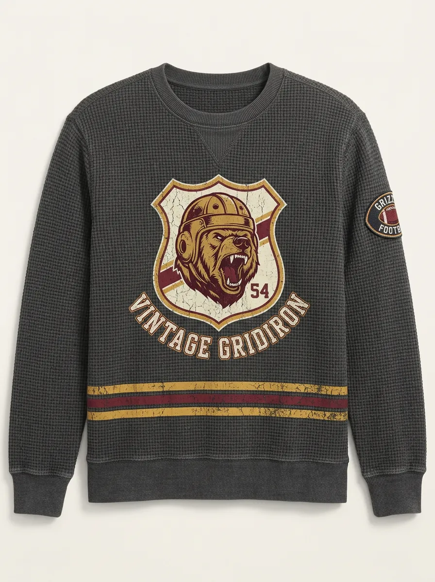 Men's Football Lover Vintage Bear Gridiron Printed Waffle Sweatshirt