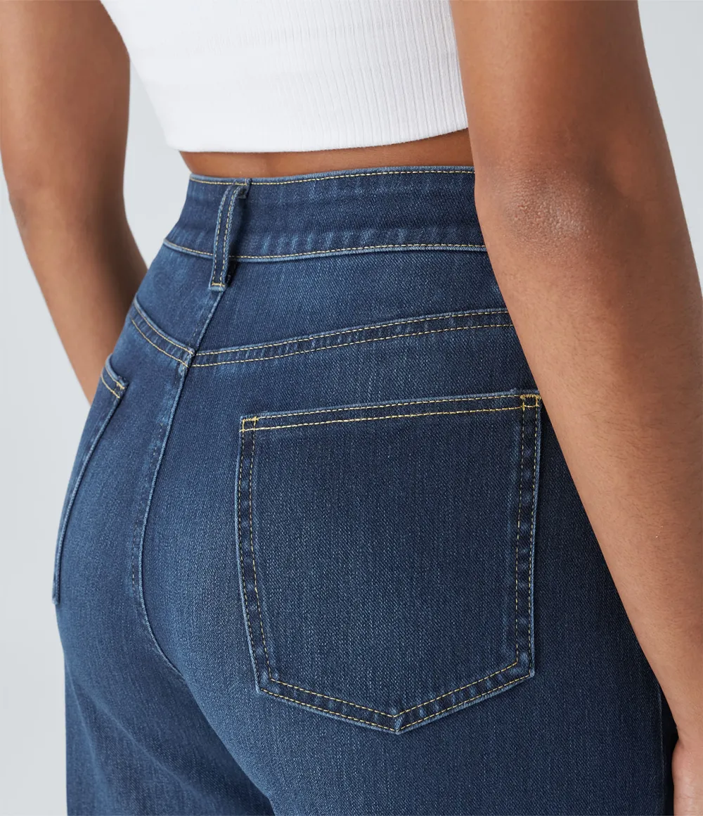 Magic High Waisted Multiple Pockets Rolled Hem Wide Leg Washed Stretchy Knit Casual Jeans