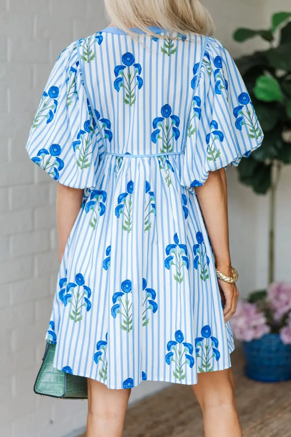 Drape Floral Striped Split Neck Mini Dress