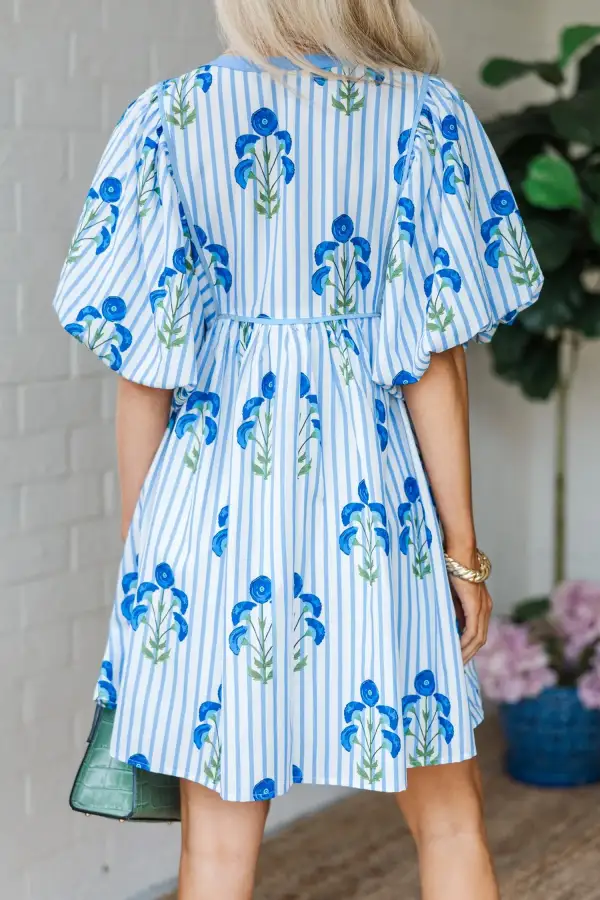 Drape Floral Striped Split Neck Mini Dress