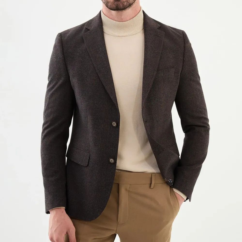 Classic Plaid Slim Fit Mono Collar Classic Wool Blazer