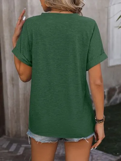 Relaxed Notched-Neck Short-Sleeve Button-Detail T-Shirt