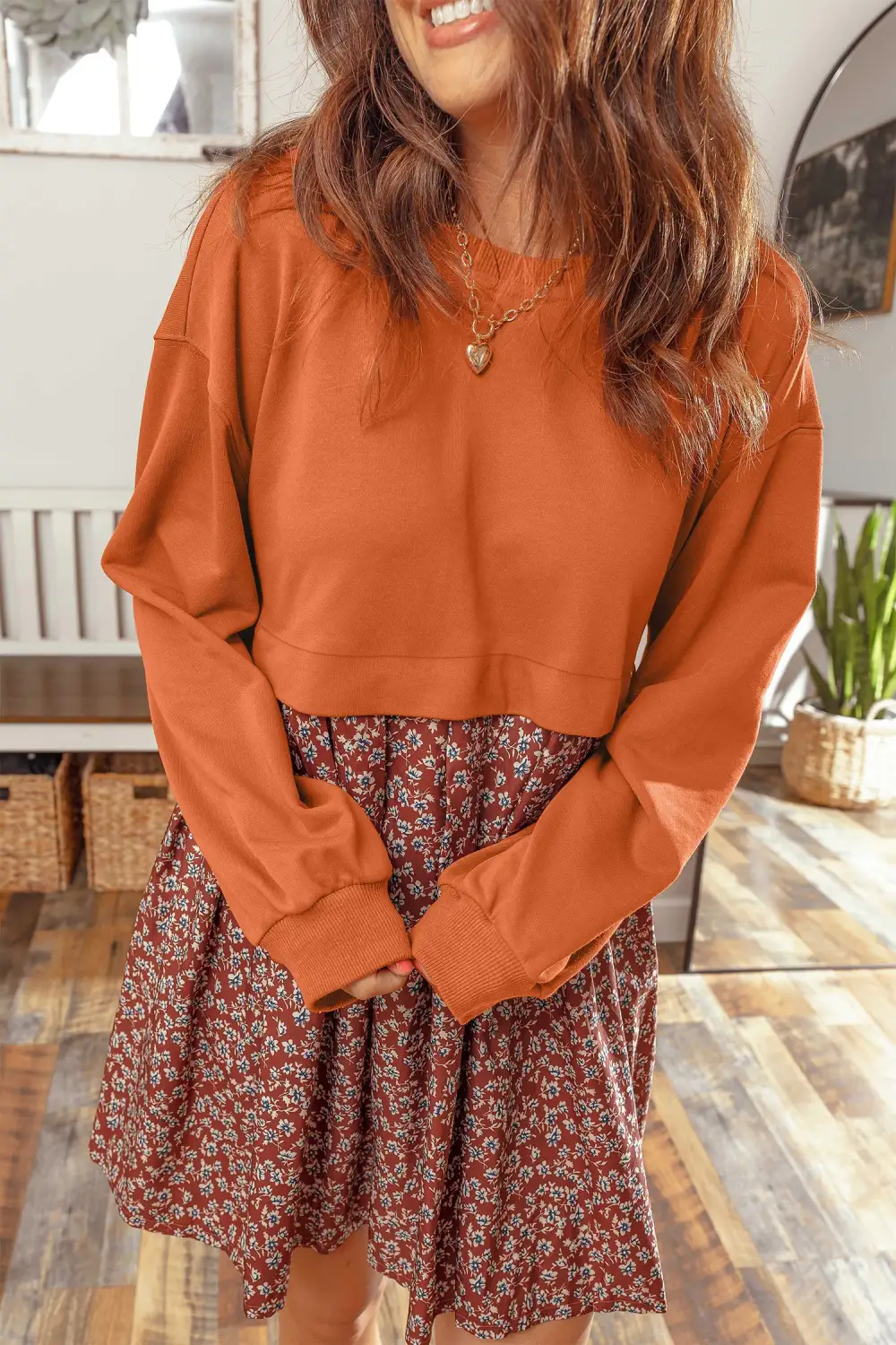 Women's Floral Print Solid Flared Patchwork Mini Dress