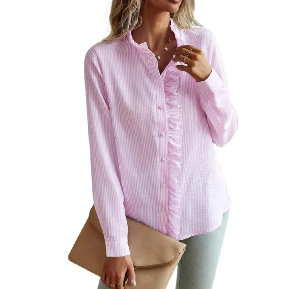Ruffle Trim Textured Blouse Long Sleeve Button Top