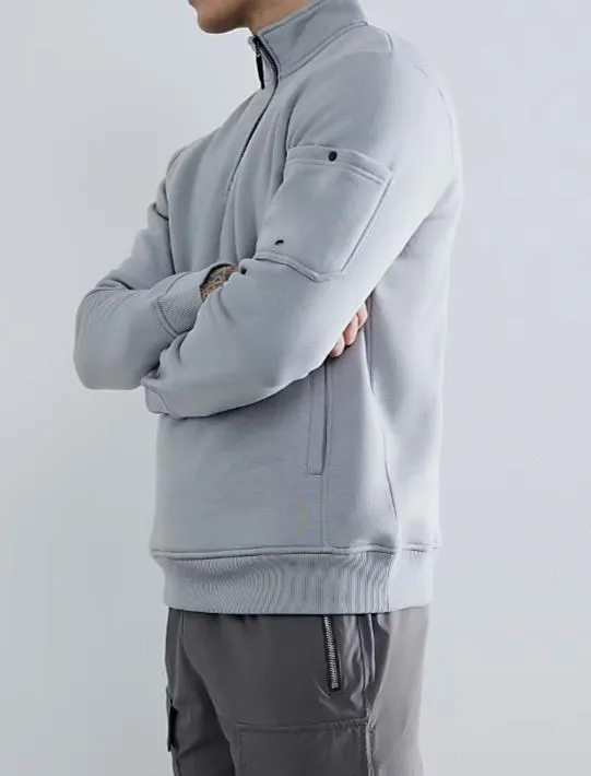Grey Zipper Neck Slim Pocket Men's Sweatshirt