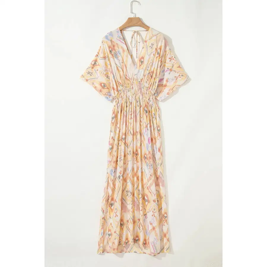 Printed Half Sleeve Shirred High Waist Maxi Dress