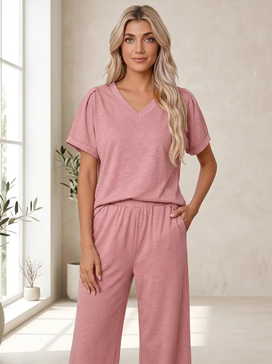 Short-Sleeve Cuffed-Sleeve Pleated Women's V-Neck Shirt