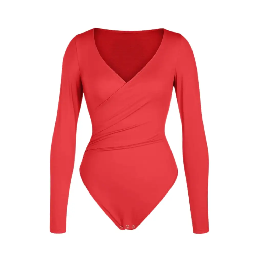 Pleated Deep V Long Sleeve Bodysuit