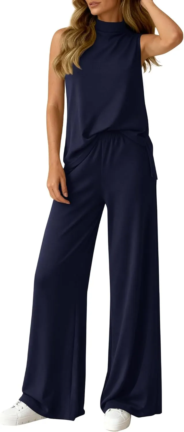 Summer 2 Piece Lounge Sets For Women Sleeveless Mock Neck Wide Leg Loose Spring Vacation Airport Travel Outfits