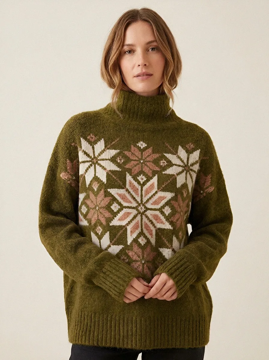 Women's Nordic Snowflake Pattern Printed Turtleneck Sweater