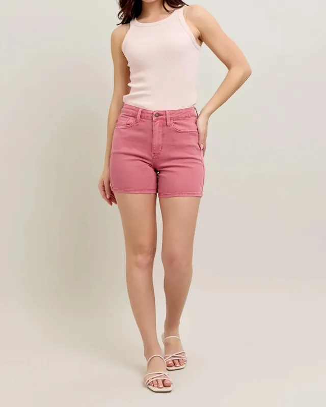 Pink Embroidered Pocket Denim Shorts