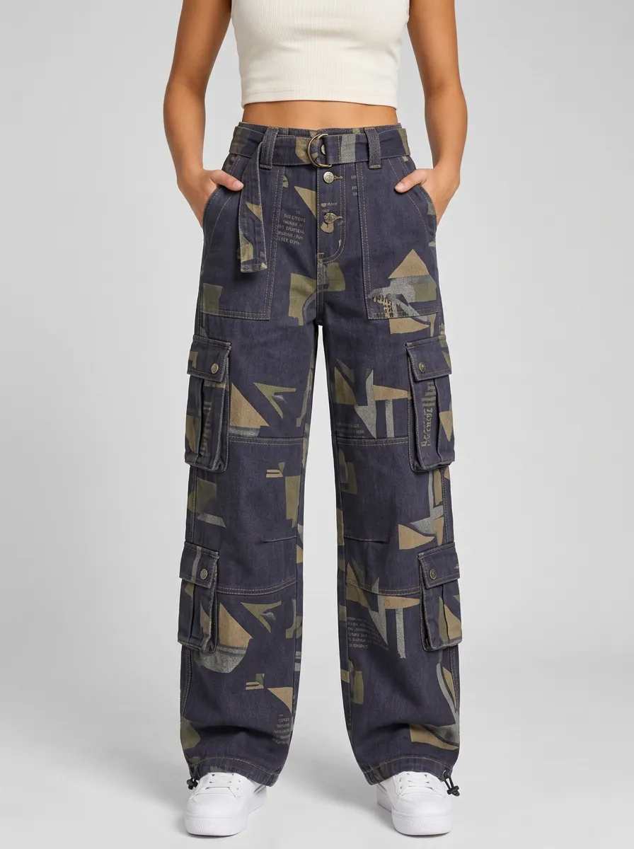 Women's Streetwear Geometric Pattern Printed Cargo Pants