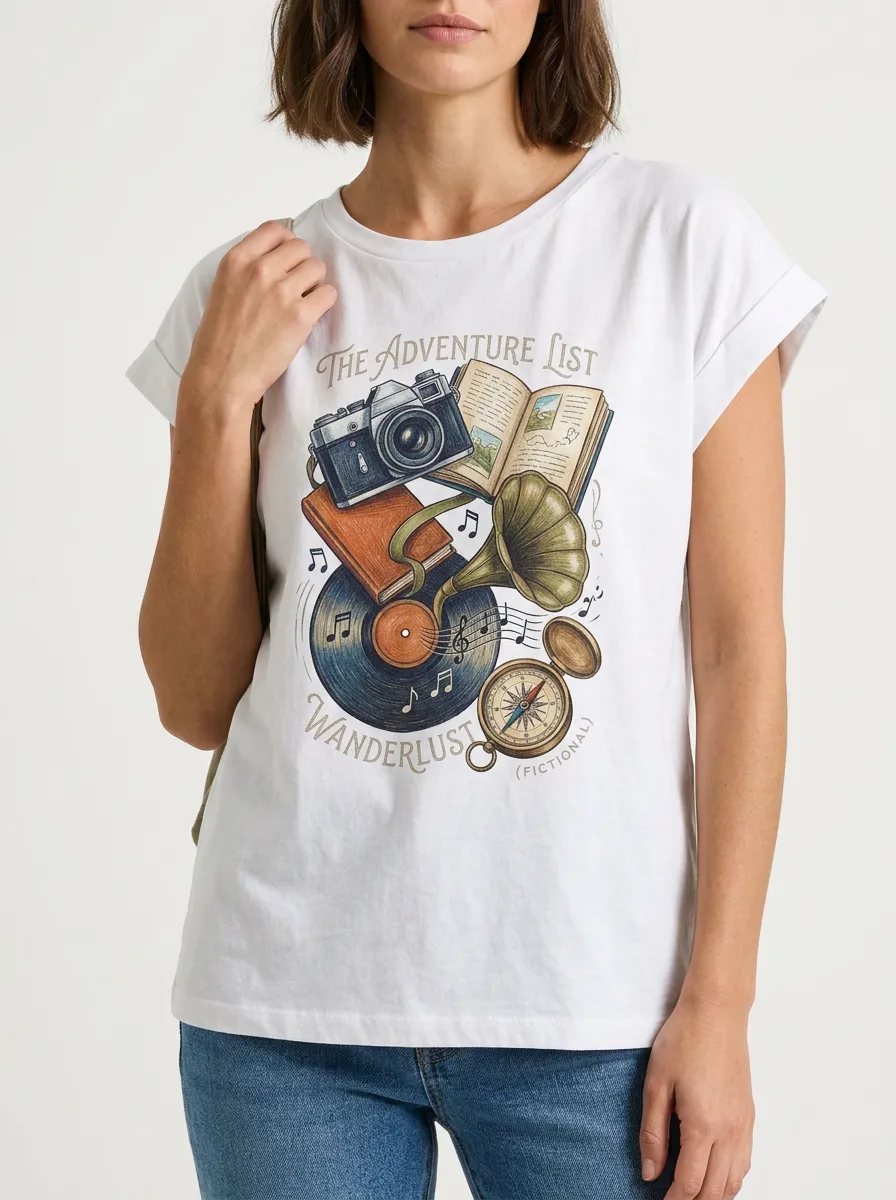 Women's Travel Adventure Wanderlust Camera Book Compass Graphic T-Shirt