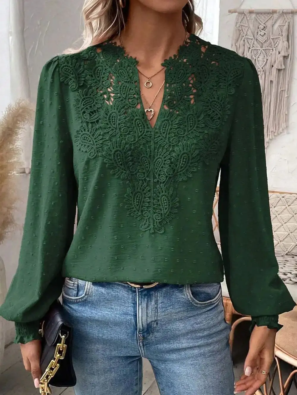 Breezy Lace Detail V Neck Blouse