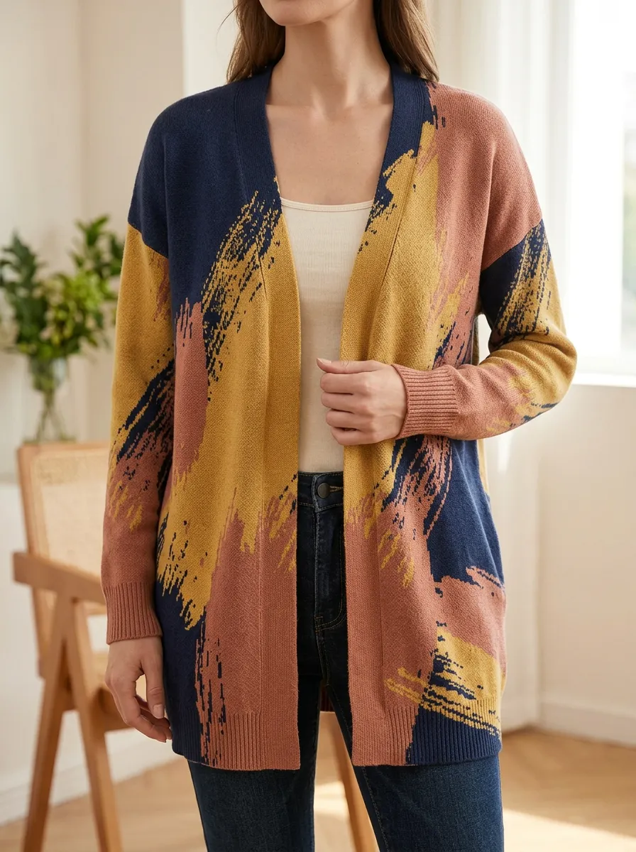 Women's Abstract Brushstroke Pattern Printed Open Front Casual Everyday Cardigan