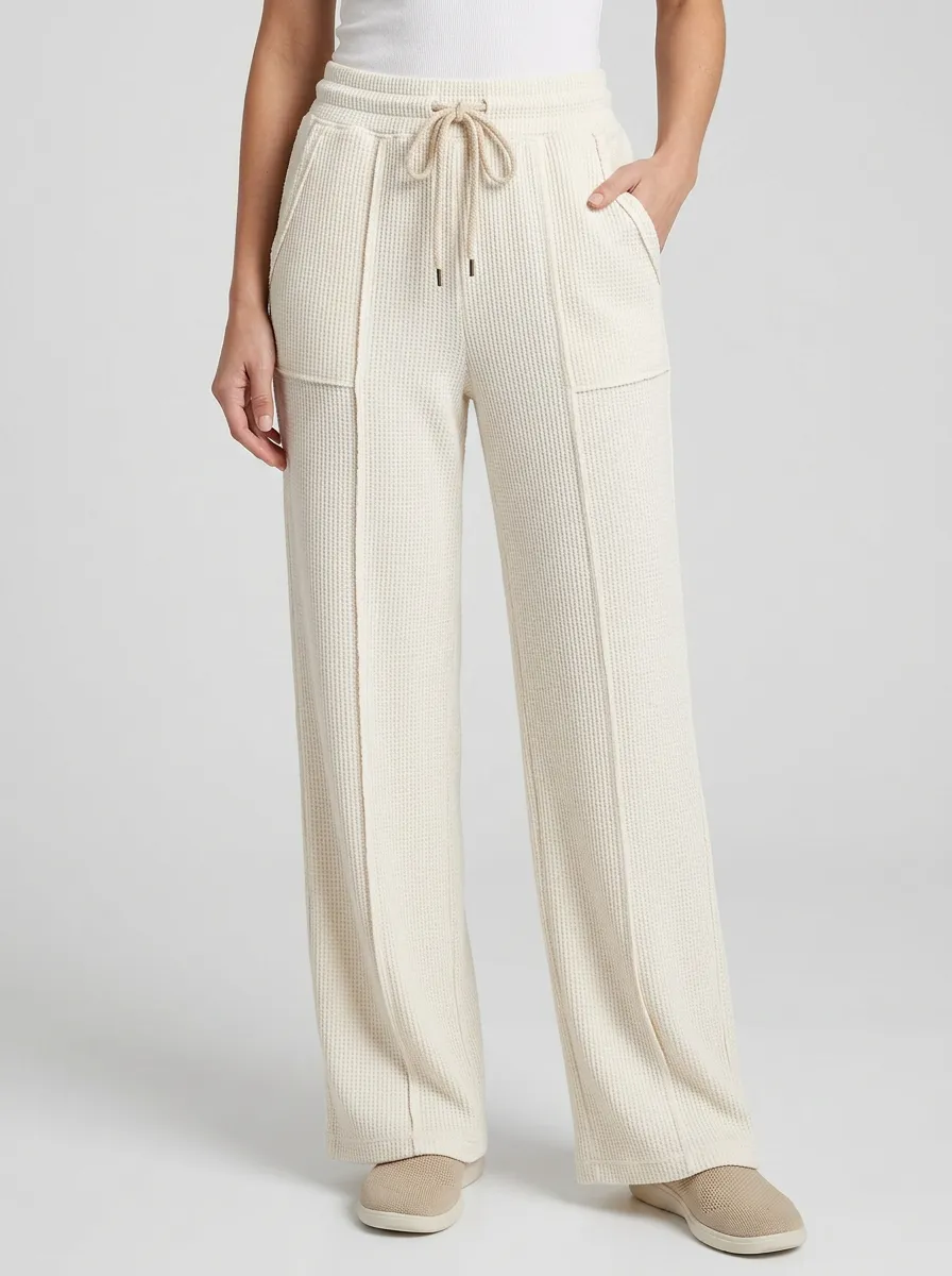 Women's Casual Lounge Waffle Knit Drawstring Wide Leg Pants