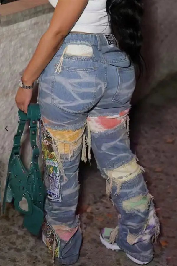 Multicolor Washed Ripped Tie Dye Patchwork Jeans