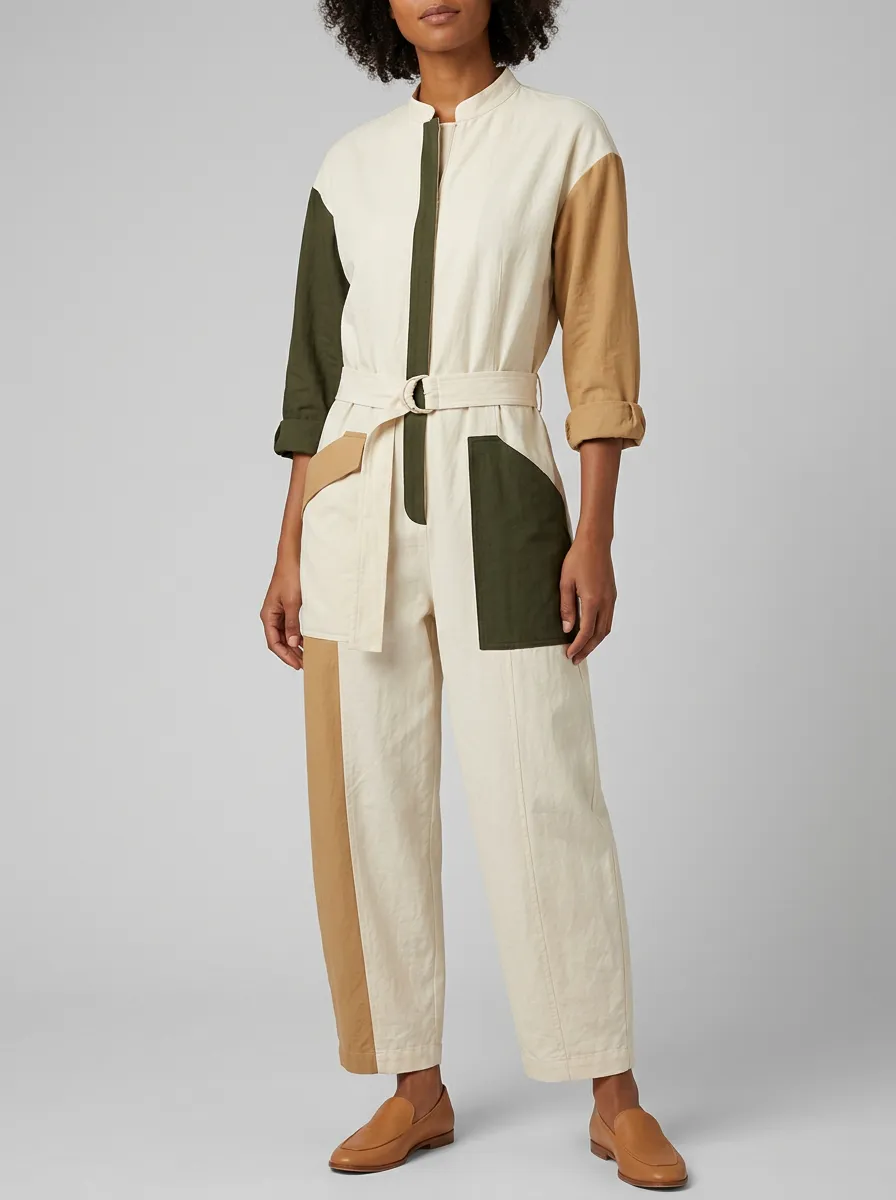 Women's Casual Earth Tone Colorblock Belted Jumpsuit