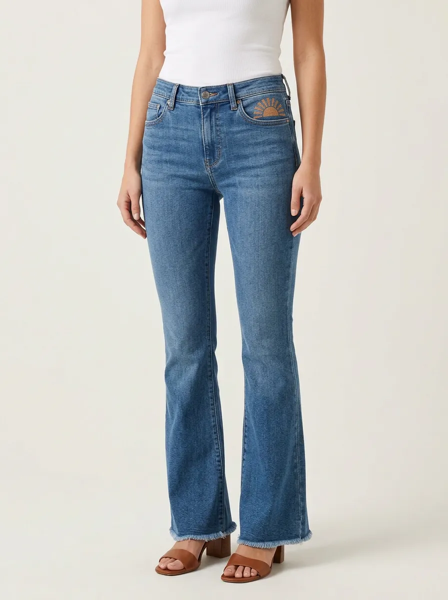 Women's Sun Coin-Pocket Embroidered Frayed-Hem Mid-Rise Flare Jeans