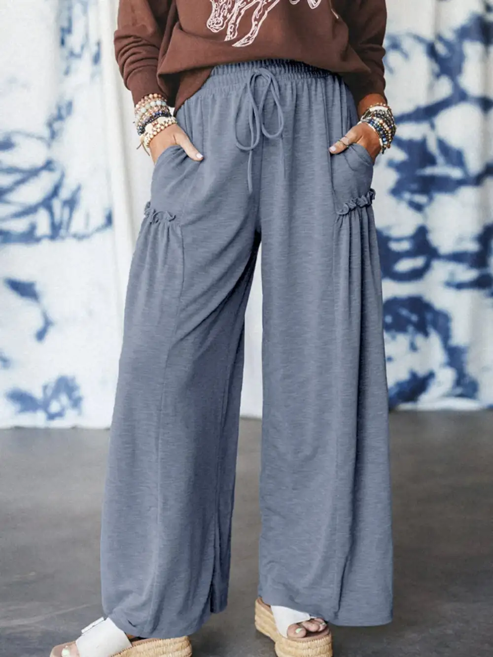 Wide Leg Drawstring Pocketed Ruffle Detail Pants