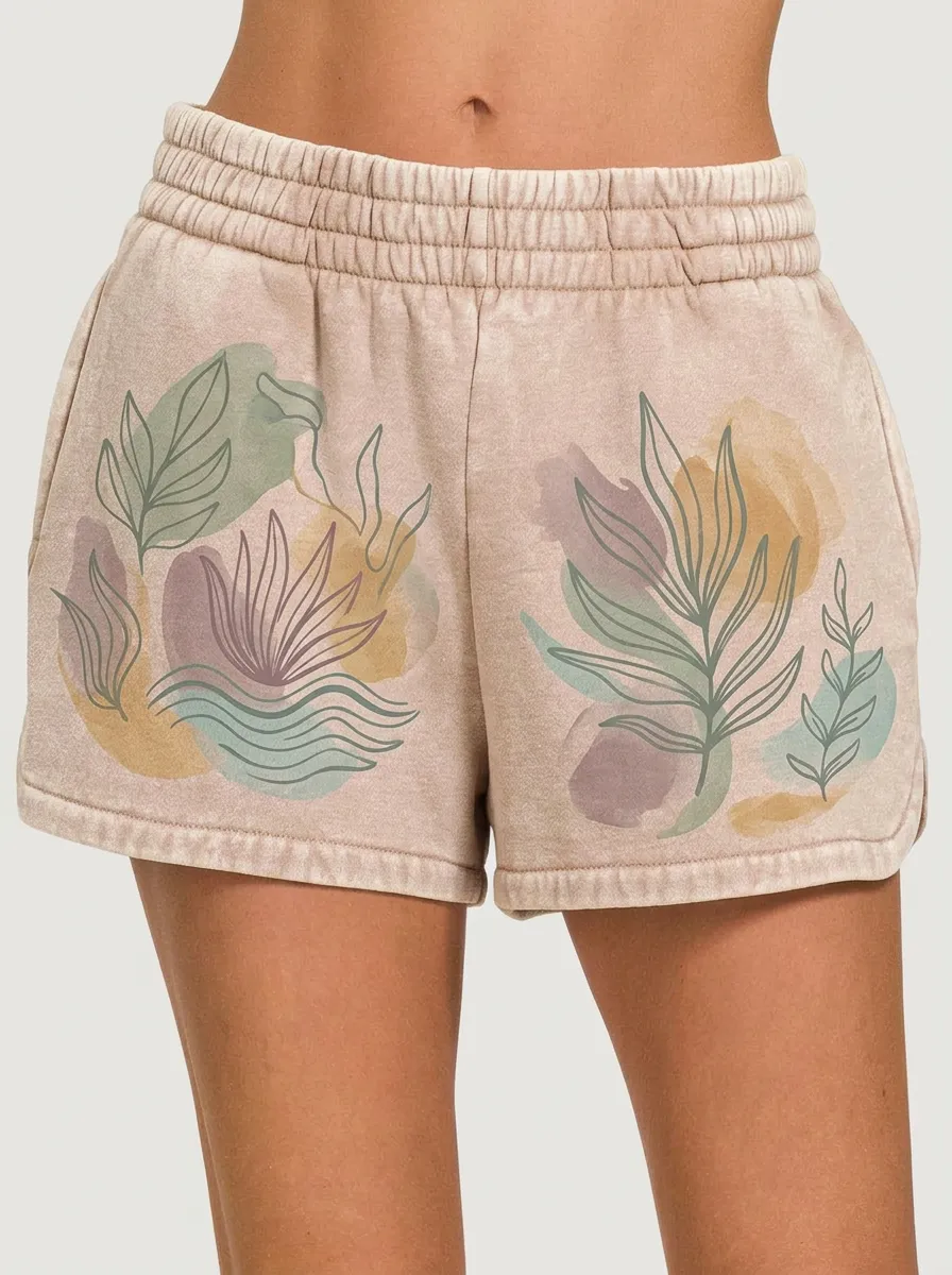 Women's Boho Botanical Watercolor Leaf Graphic Shorts