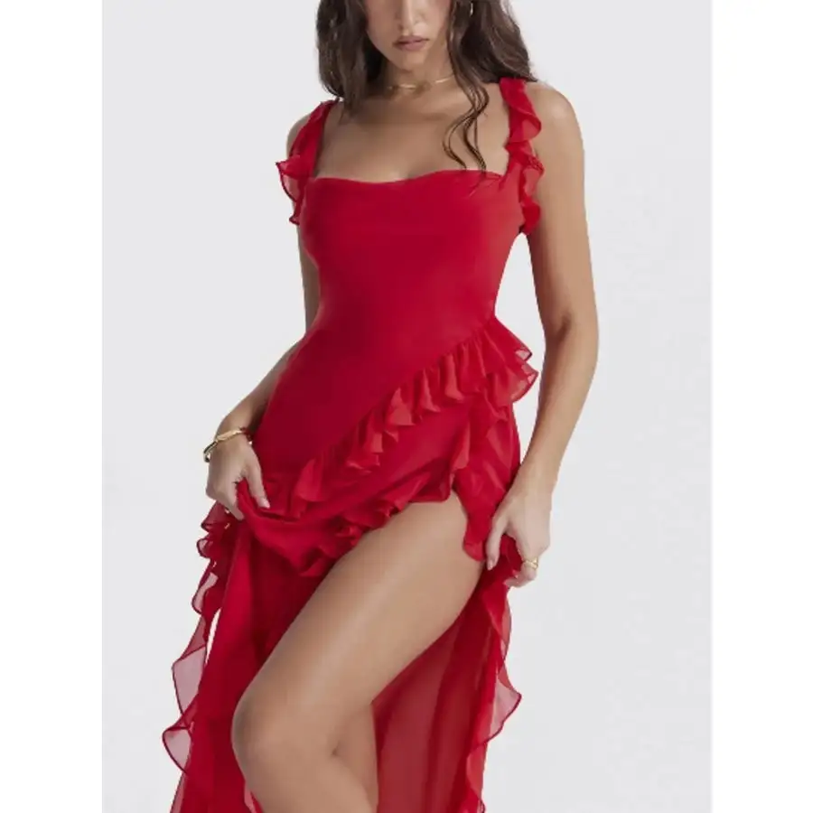 Split Ruffled Square Neck Maxi Dress