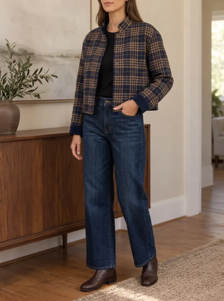Women's Layered Plaid Stand Collar Cropped Jacket
