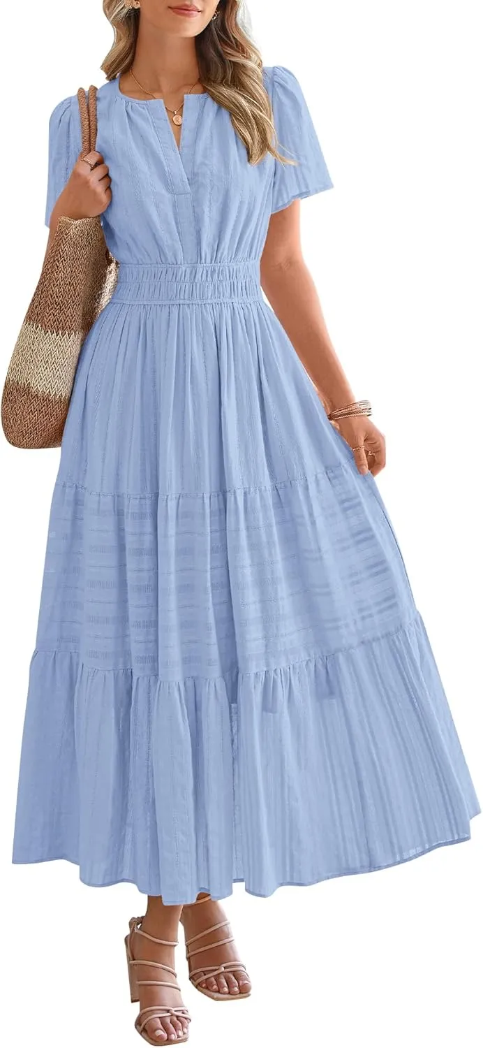 HOT SALE Womens Summer Lightweight Short Sleeve V Casual Midi Maxi Dresses