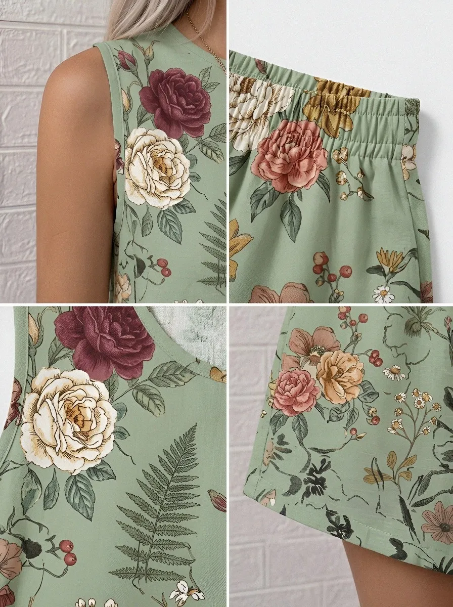 Women's Botanical Garden Floral Printed Sleeveless Shorts Set