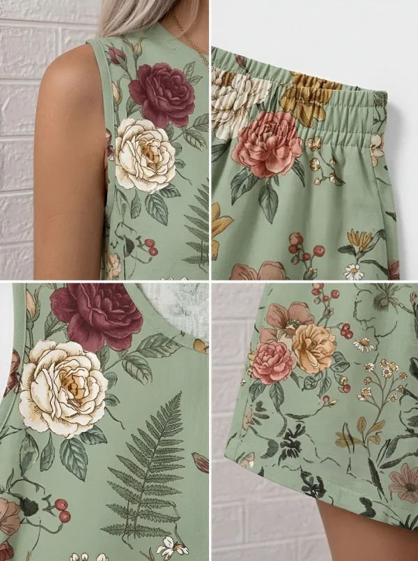 Women's Botanical Garden Floral Printed Sleeveless Shorts Set