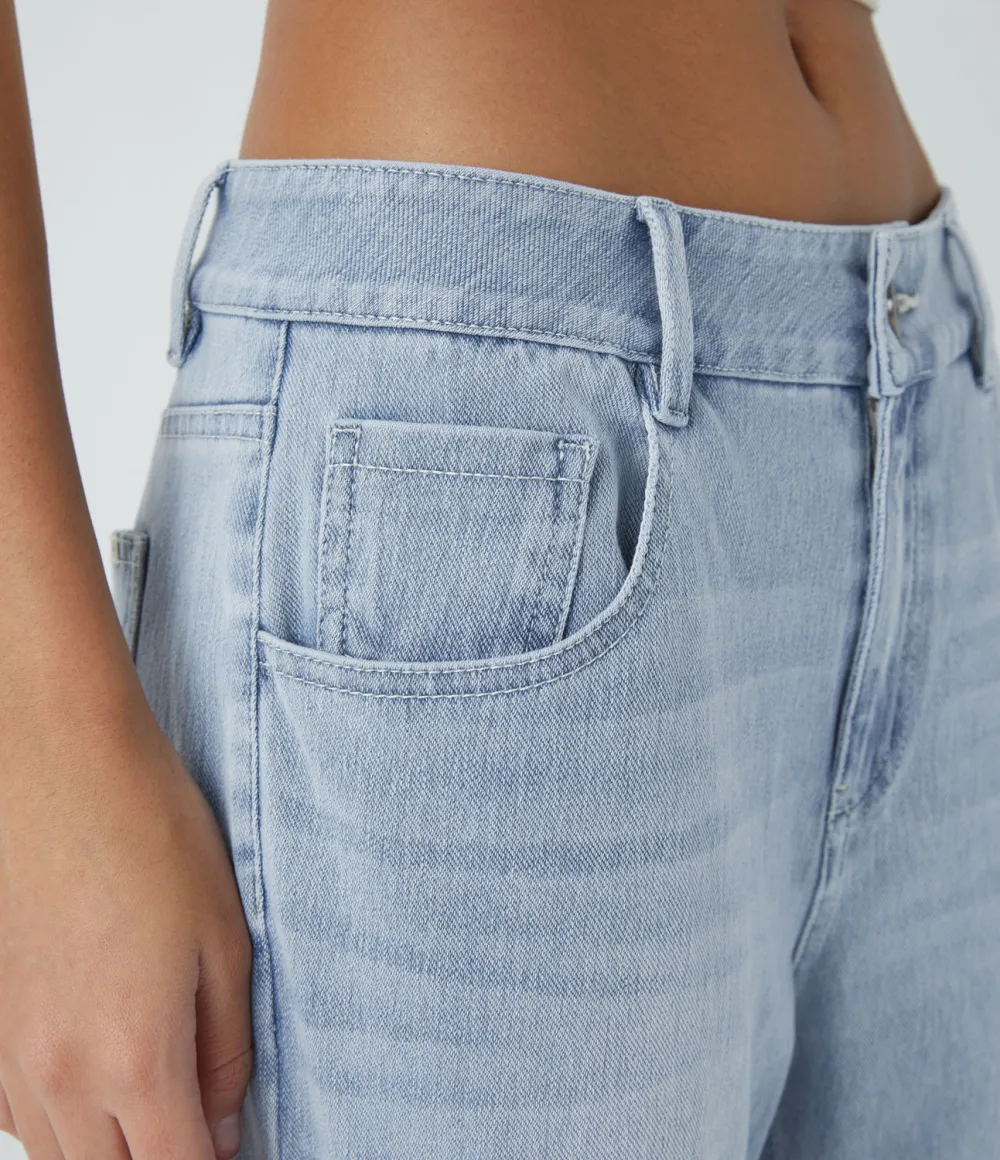 Magic Low Rise Button Zipper Multiple Pockets Washed Stretchy Knit Wide Leg Casual Jeans