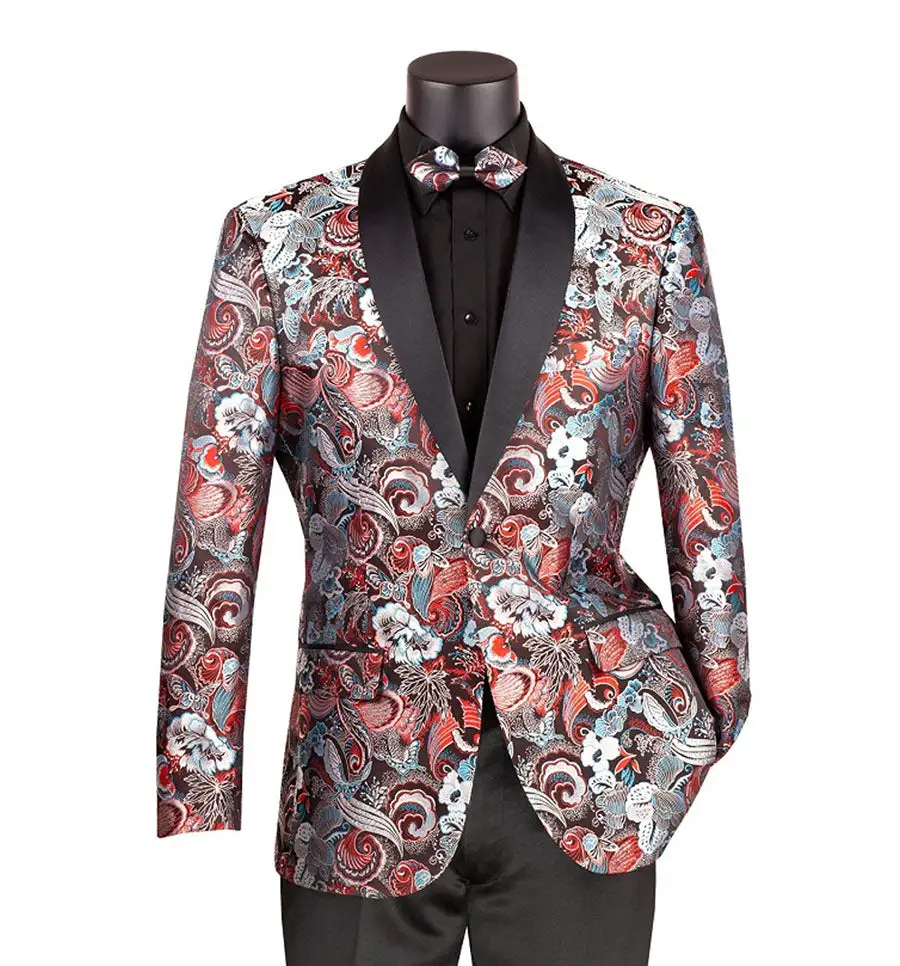 Burgundy Modern Fit Jacquard Paisley Shawl Lapel Bow Tie Blazer