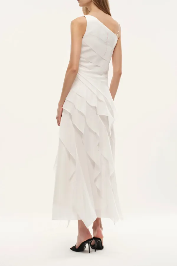 One Shoulder Ruffled Tie Front Silk Maxi Dress