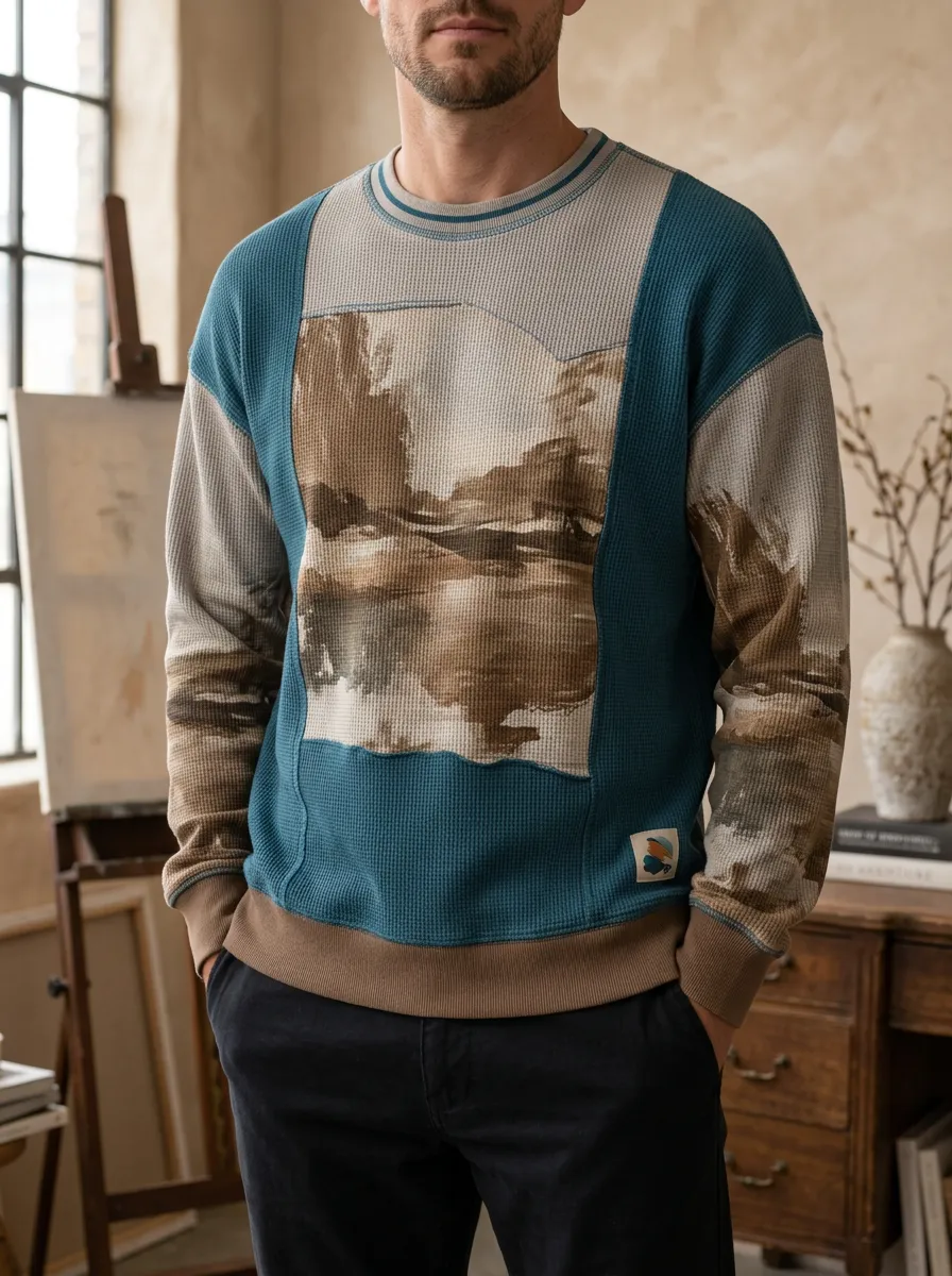 Men's Teal and Earth-Tone Landscape Printed Waffle Crewneck Sweatshirt