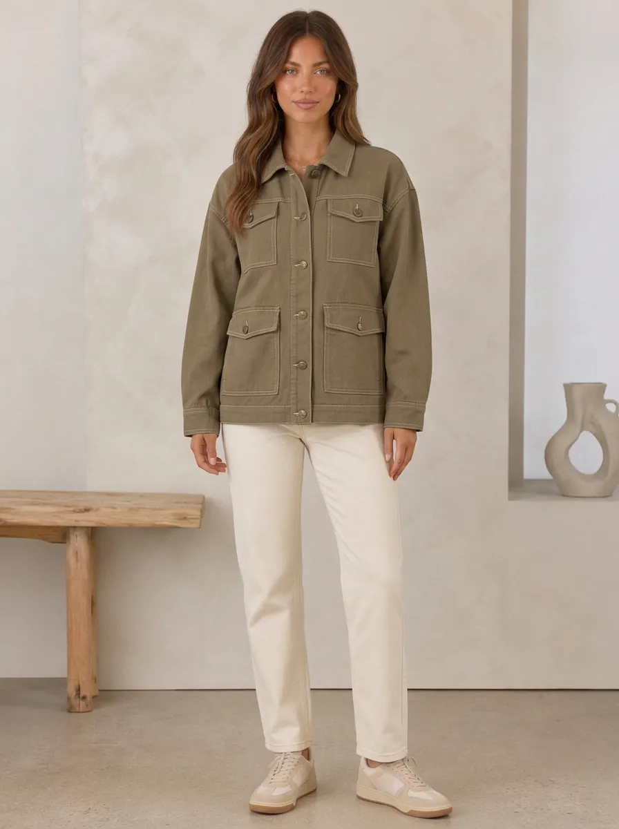 Women's Casual Utility Olive Green Button-Down Pocketed Jacket