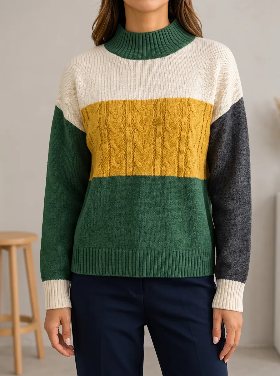 Easy Layer Mock Neck Sweater with Colorblock Cable Knit Detail