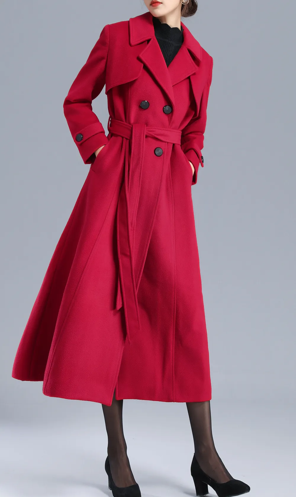 Relaxed Wool Blend Double Breasted Belted Lapel Collar Long Coat