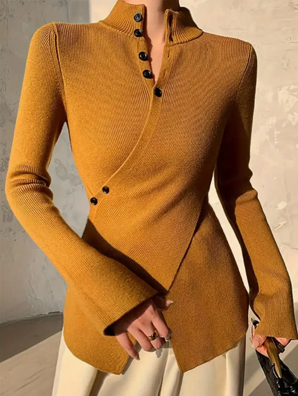 Asymmetric High Neck Knit Top Long Sleeve Tee