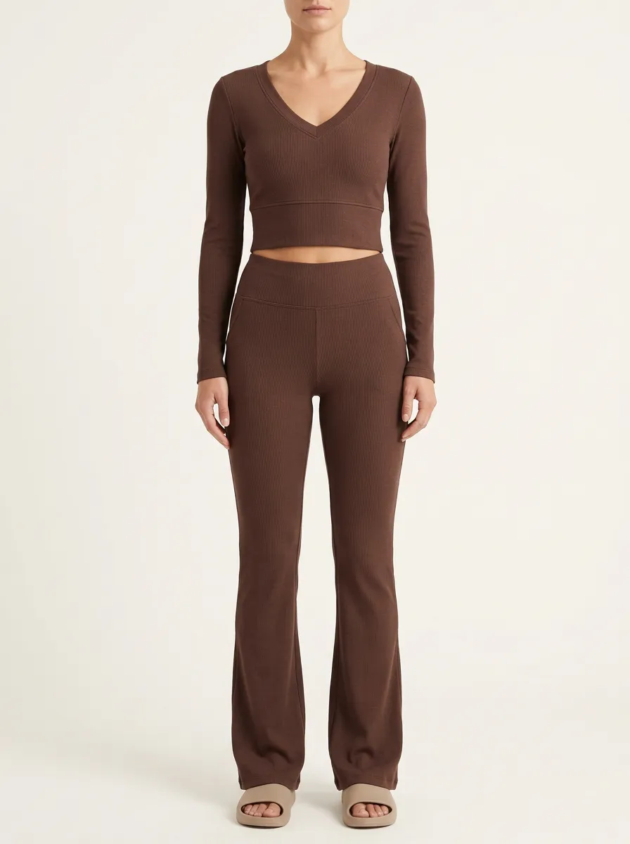 Women's Ribbed V-Neck Crop Top and Side-Pocket Flare Legging Set