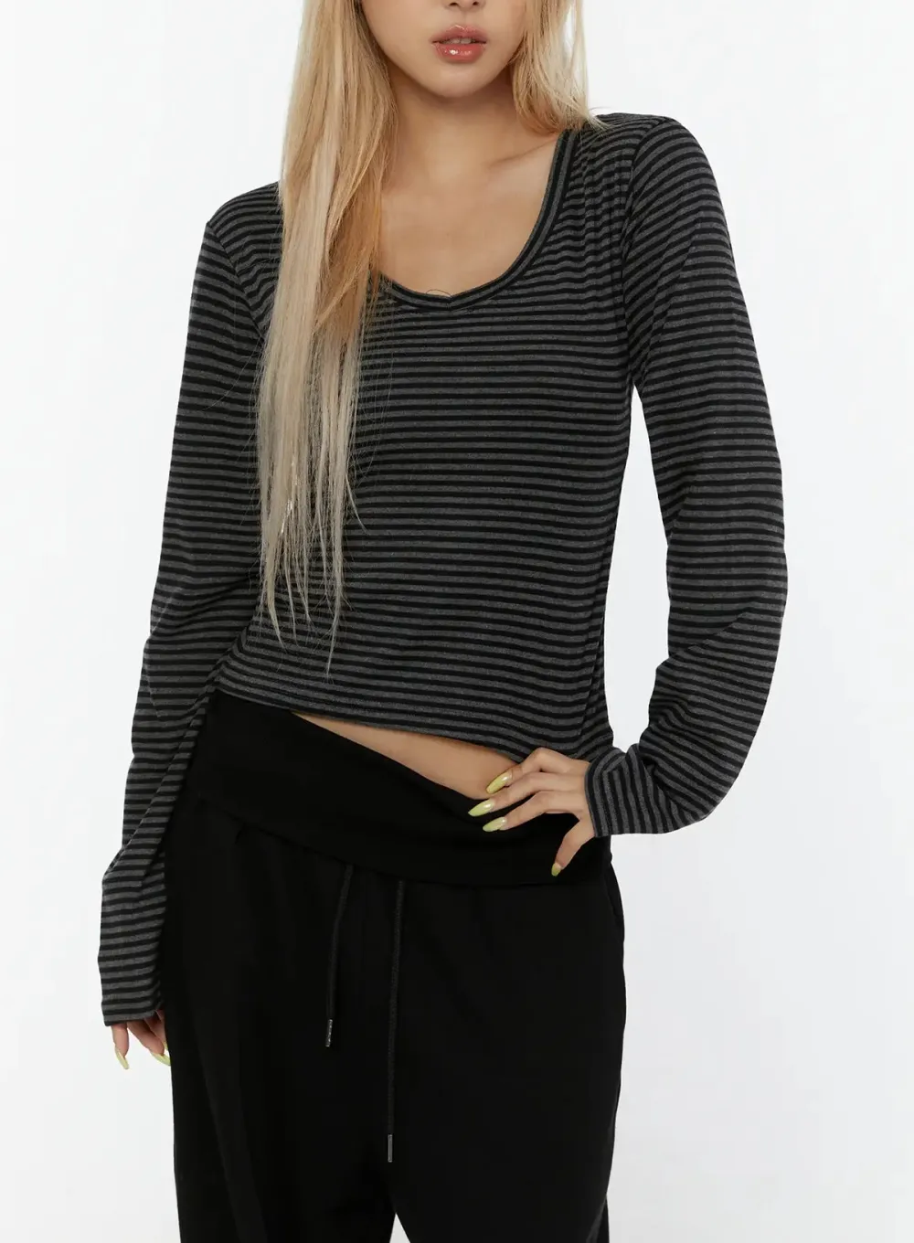Striped V-Neck Long Sleeve Top