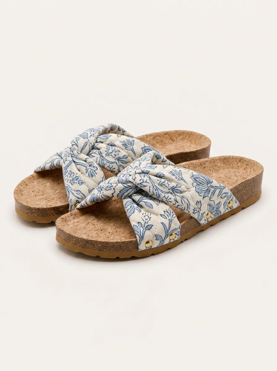 Everyday S Floral Pattern Quilted Twisted Printed Cork Sandals
