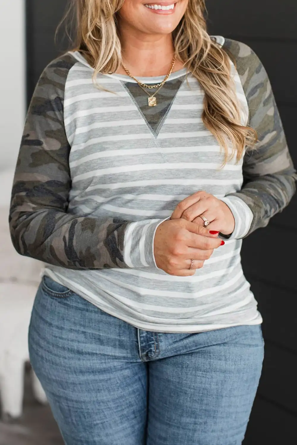 Women's Striped Camouflage Print Colorblock Top