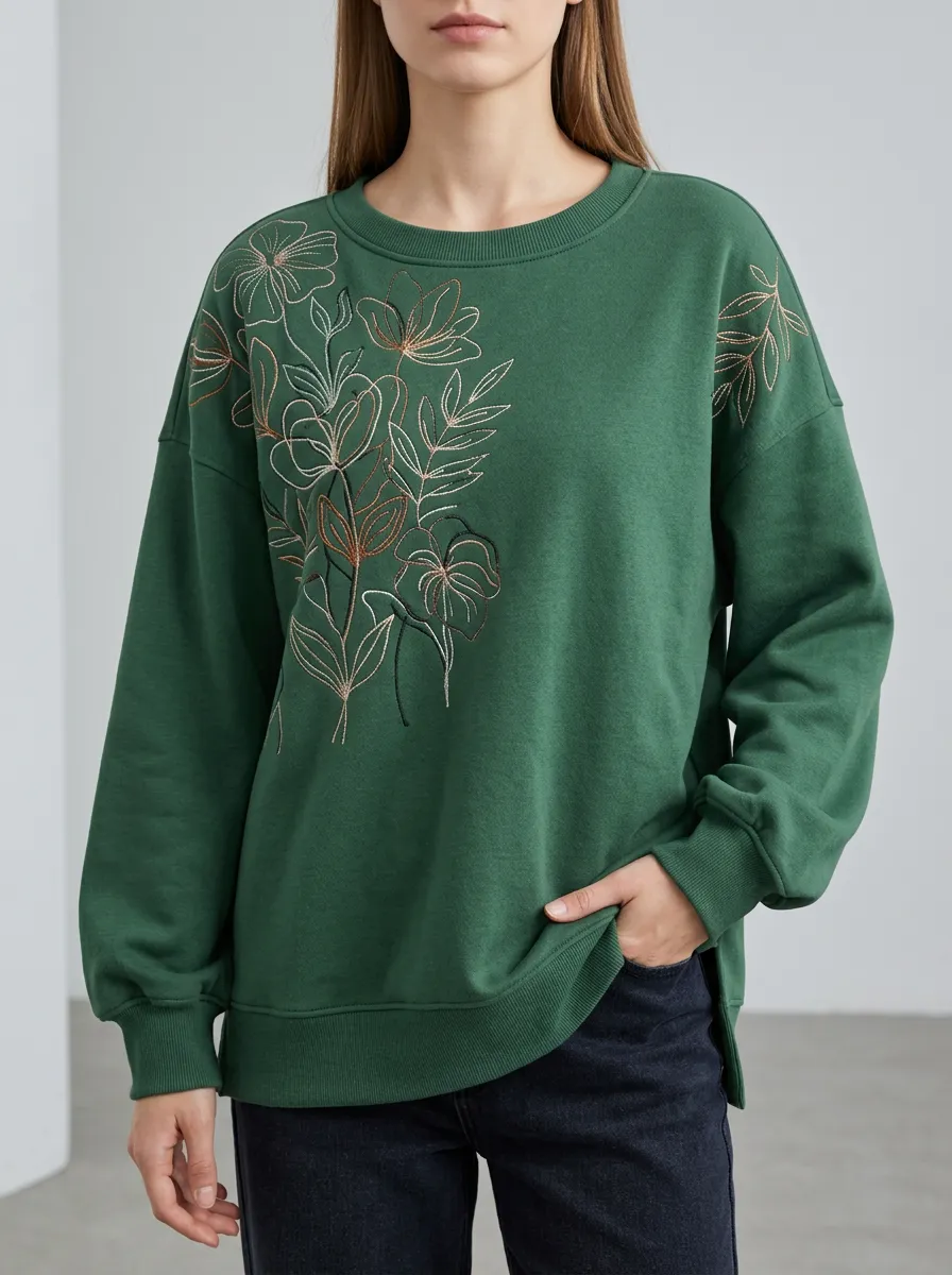 Women's Floral Line Art Embroidered Crewneck Sweatshirt