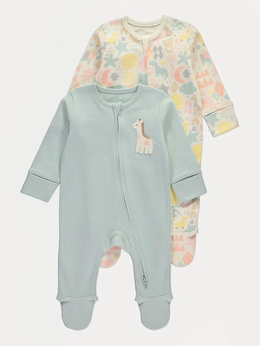 Printed Giraffe Zip Fasten Sleepsuits 2 Pack