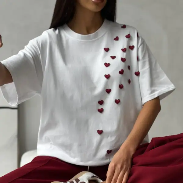Short Sleeve T-Shirt With Heart Decoration