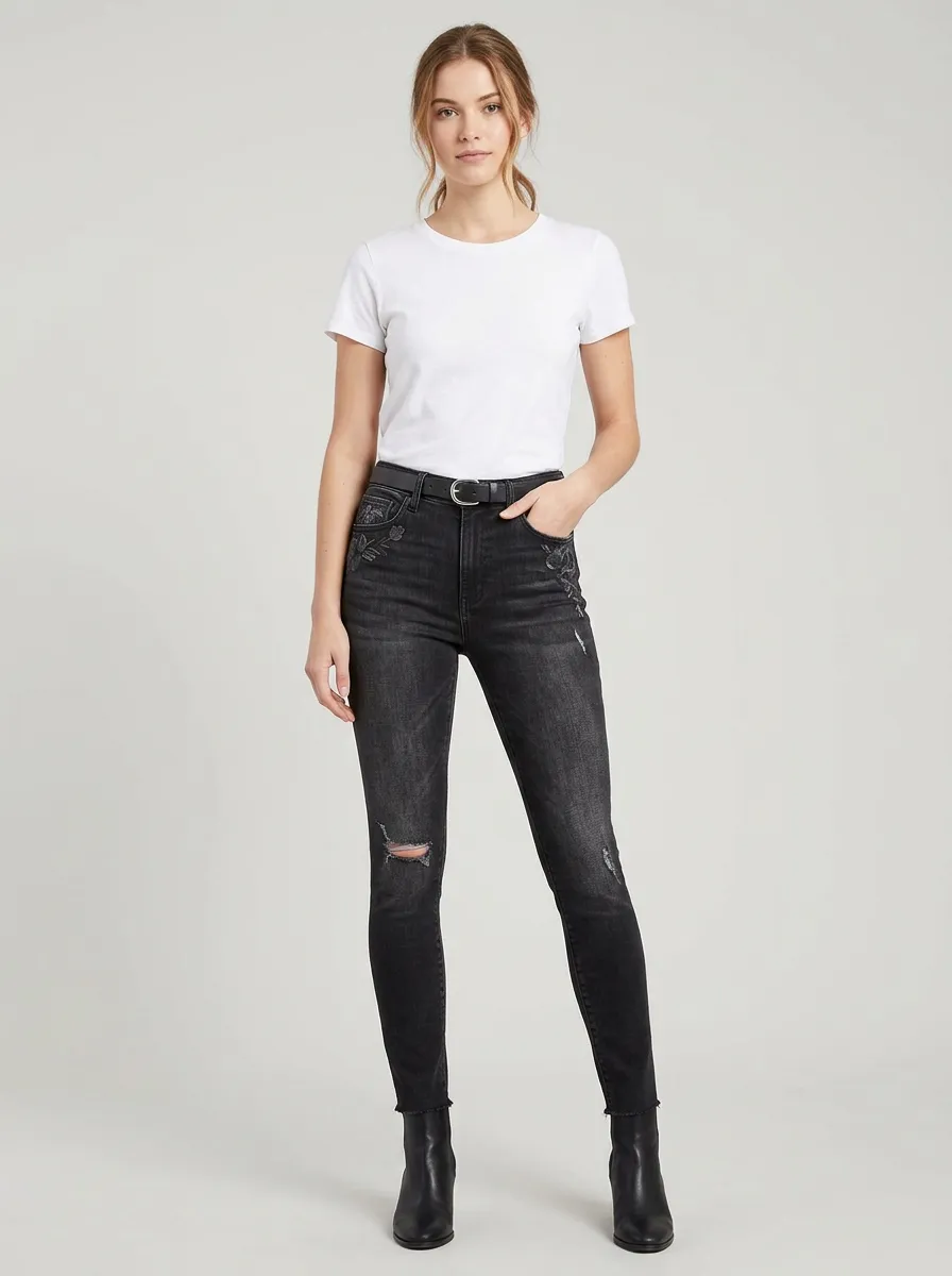 Women's Floral Embroidered Distressed Graphic Slim Jeans